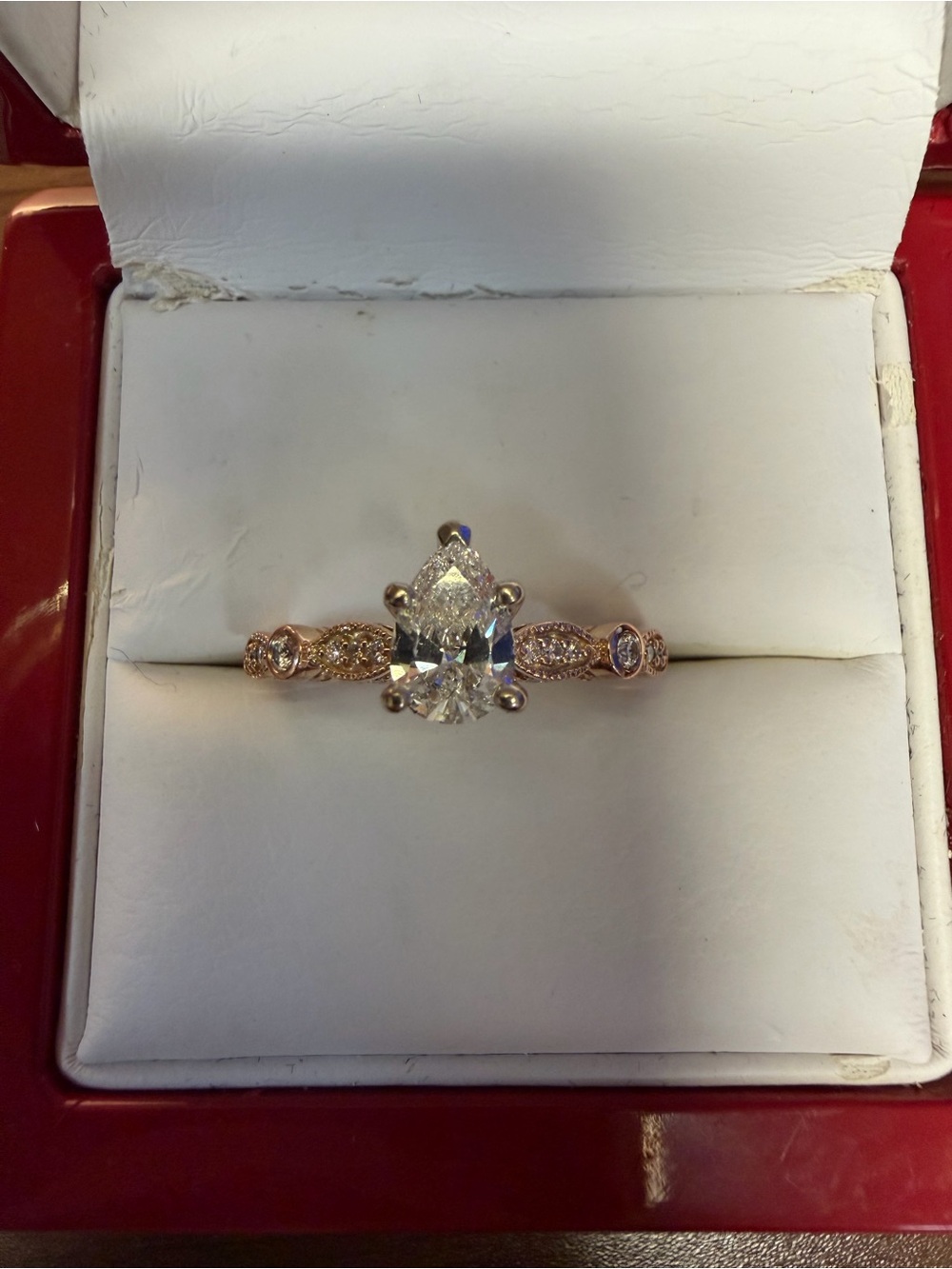 14k Rose Gold Pear-Cut Engagement Ring with Halo Accents-Vintage inspired